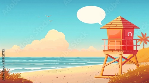 Lifeguard tower with a speech bubble for presenting safety instructions or beach rules photo