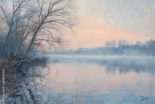 Soft pastel fog over a calm lake at sunrise