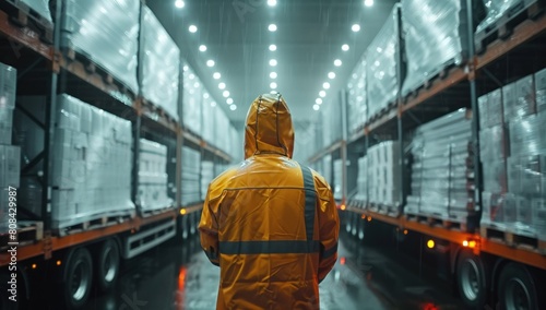 A cinematic shot of a worker closing the doors of a fully loaded truck with satisfaction, signaling the completion of another successful delivery mission. photo