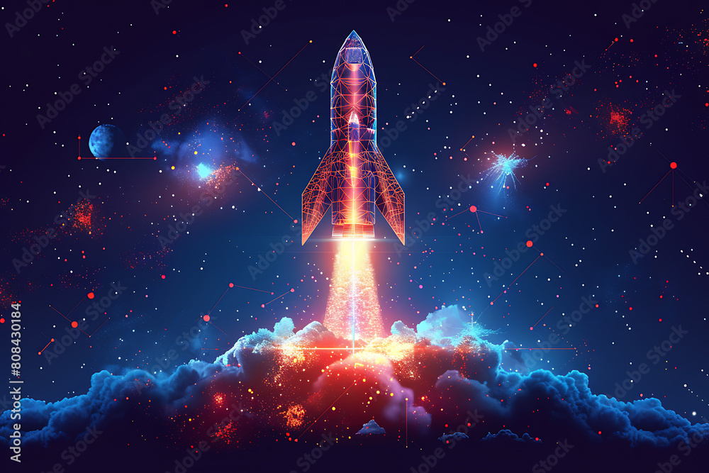 A futuristic wireframe-style illustration of a rocket, with intricate details and glowing lines against a dark background A futuristic wireframe-style illustration of a rocket, with intricate details and glowing lines against a dark background