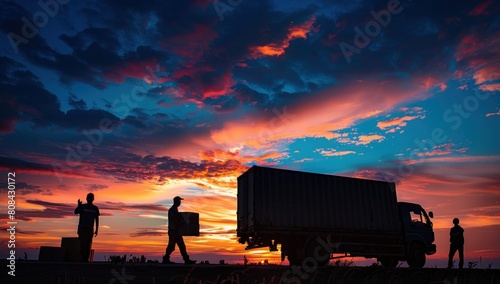 A silhouette shot of workers loading boxes onto a truck against the backdrop of a colorful sunset  symbolizing the end of another successful day.