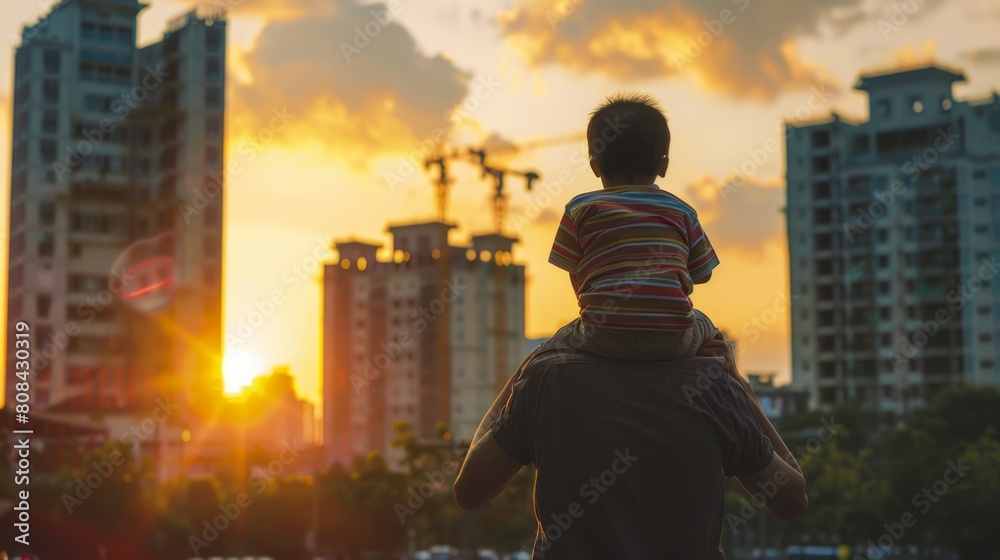 Asian boy on father's shoulder against the background of new high-rise buildings and construction cranes, shadow of the evening sunset. father and son concept Asian boy on father's shoulder against the background of new high-rise buildings and construction cranes, shadow of the evening sunset. father and son concept