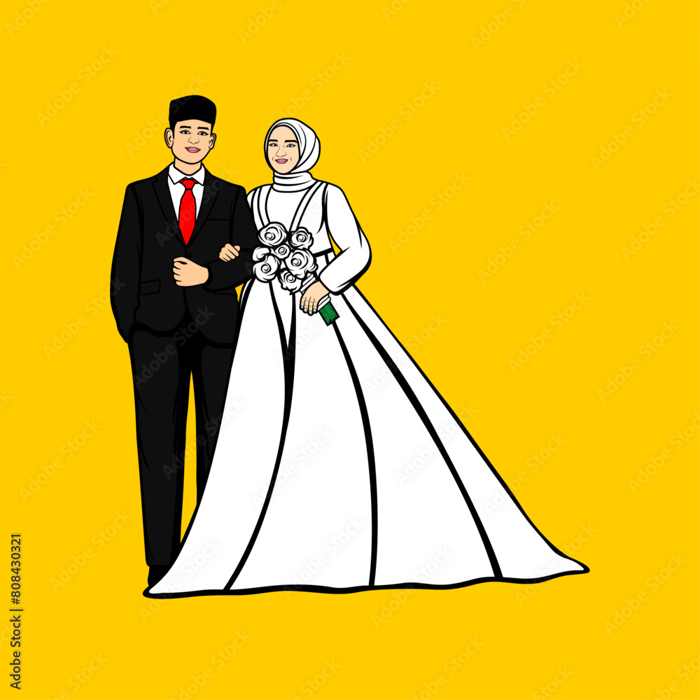 romantic Islamic Muslim wedding couple holding hands man wearing black suit woman wearing white dress carrying flowers cartoon vector illustration romantic Islamic Muslim wedding couple holding hands man wearing black suit woman wearing white dress carrying flowers cartoon vector illustration