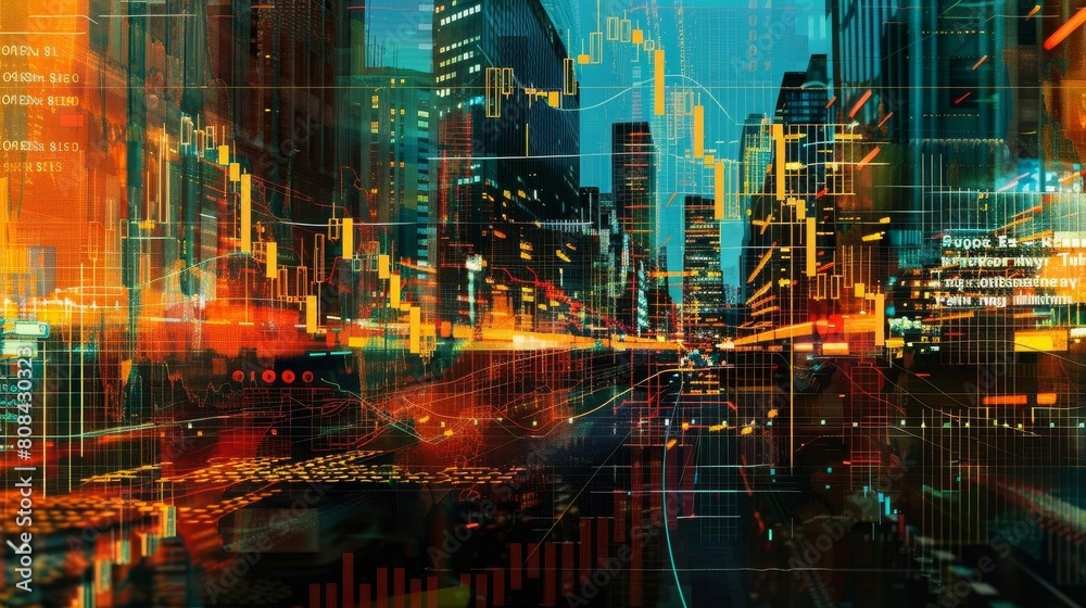 Fototapeta premium Stock market chart superimposed on an abstract city background