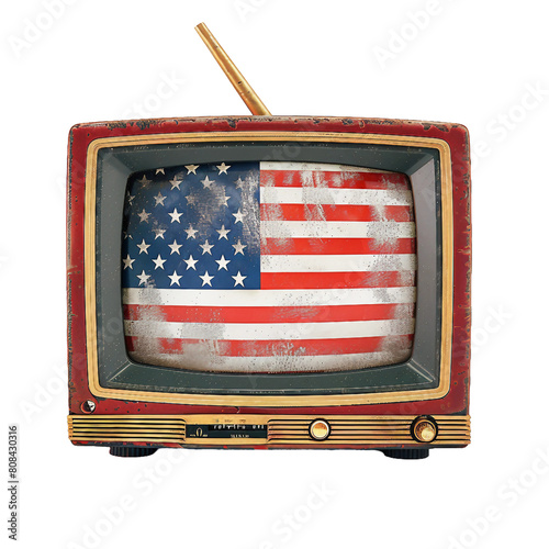 old classic televion with USA flag in the screen, no background, PNG image photo