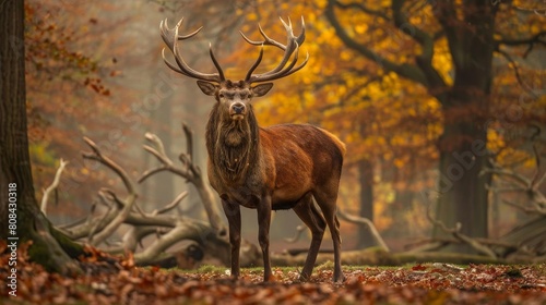Stag standing boldly in an autumncolored forest