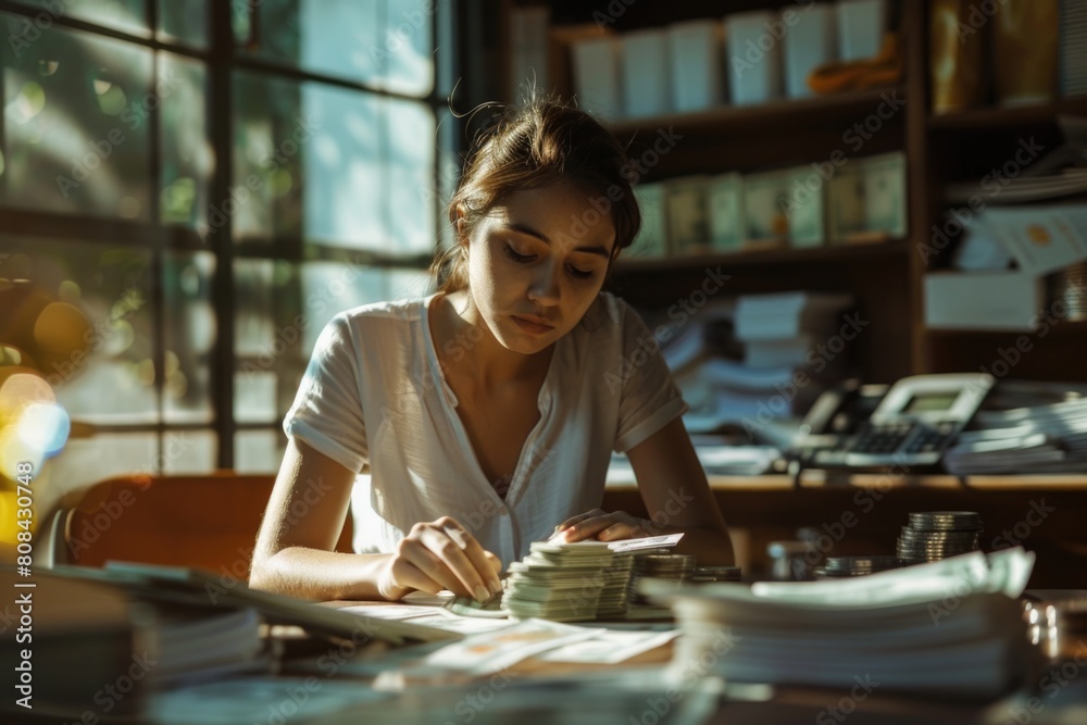 Young Woman Calculating Finances, Concerned Expression Amidst Bills and Calculators