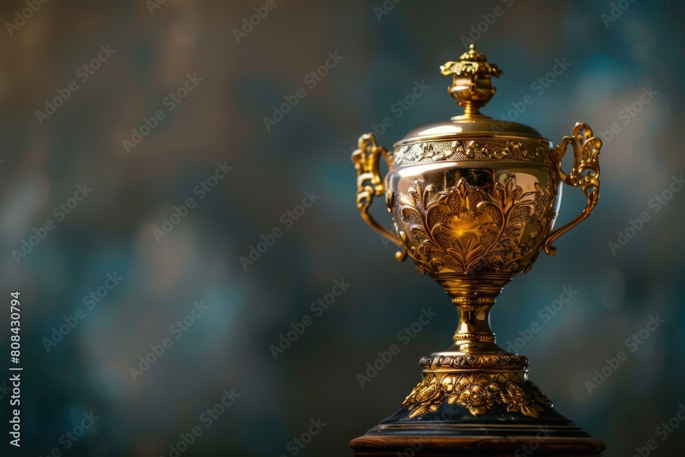 Elegant golden trophy on a dark blurred background symbolizing achievement and success Elegant golden trophy on a dark blurred background symbolizing achievement and success