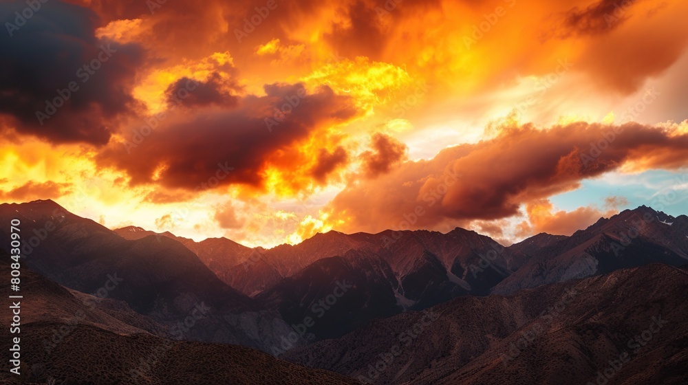 a landscape where fiery sunsets cast a warm glow upon mountainous peaks. Generative Ai