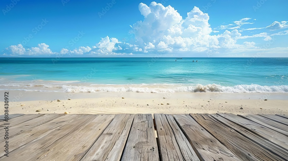 Tranquil beach scene with a wooden platform Tranquil beach scene with a wooden platform