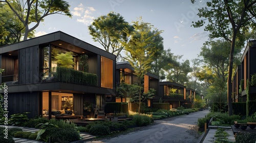 A private cluster of modular black townhouses with minimalist fa? section ades, flat roofs, and vertical wooden slats set in a quiet, tree-lined neighborhood.