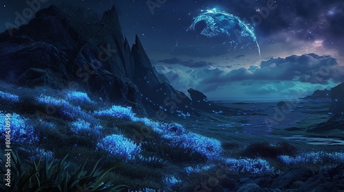 A fantasy landscape where bioluminescent flora illuminates the night. Generative Ai