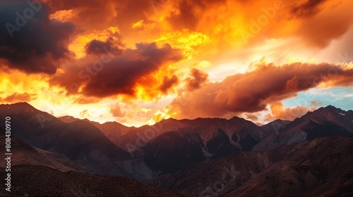 a landscape where fiery sunsets cast a warm glow upon mountainous peaks. Generative Ai