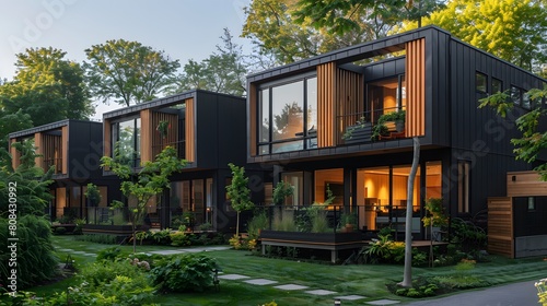 A private cluster of modular black townhouses with minimalist fa? section ades, flat roofs, and vertical wooden slats set in a quiet, tree-lined neighborhood. © Love Mohammad