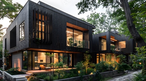 A private cluster of modular black townhouses with minimalist fa? section ades, flat roofs, and vertical wooden slats set in a quiet, tree-lined neighborhood. © Love Mohammad