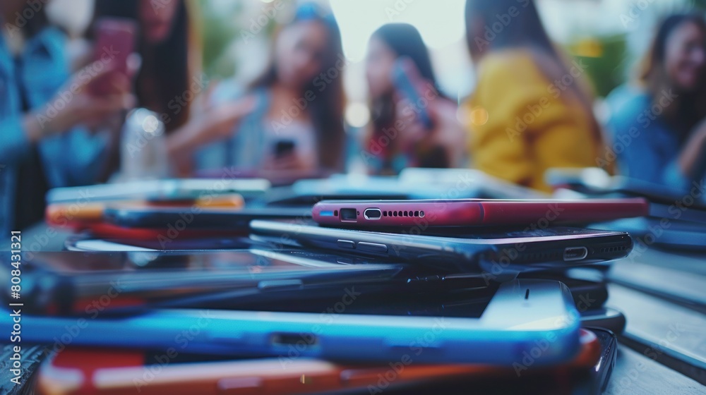 Stack of cellphones with group of friends on background Stack of cellphones with group of friends on background