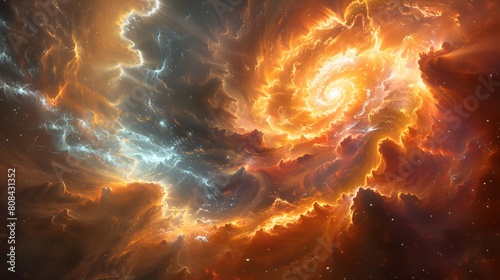 A vibrant abstract representation of a stellar nursery, with swirling gases, shockwaves, and a newborn star emerging in a burst of light © MyBackground