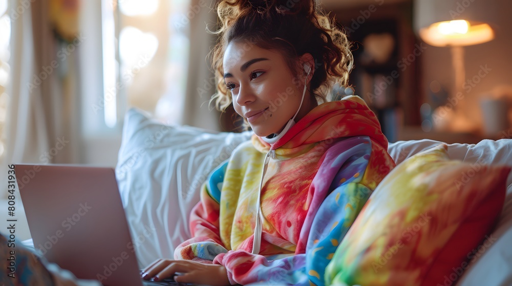 A relaxed woman in a colorful pride-themed hoodie, participating in a virtual meeting call from her bright and cozy bedroom with her laptop propped up on a cushion.