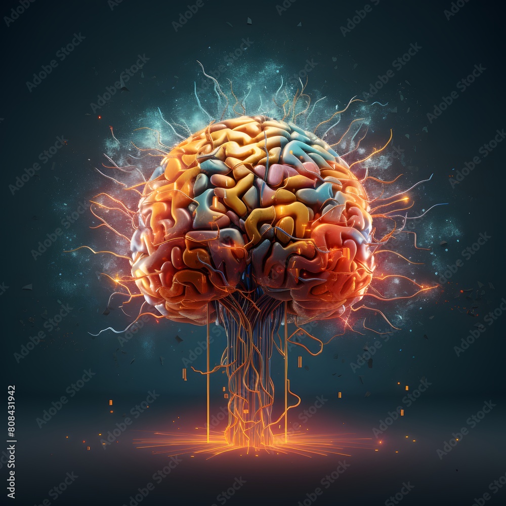 Fototapeta premium Human brain exploding with knowledge. A human brain with glowing neurons and lightning bolts radiating from its core. Generative AI.