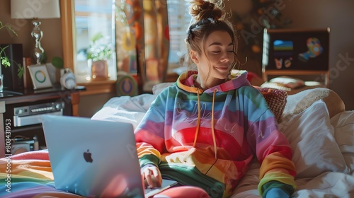 A relaxed woman in a colorful pride-themed hoodie, participating in a virtual meeting call from her bright and cozy bedroom with her laptop propped up on a cushion.