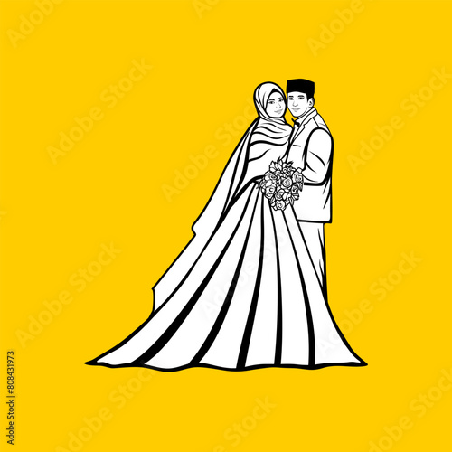 romantic Islamic Muslim wedding couple hugging man wearing black suit woman wearing white dress carrying flowers cartoon black and white line art photo