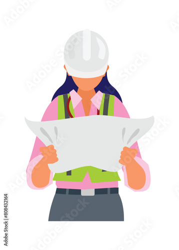 Female project manager reading draft paper. Simple flat illustration