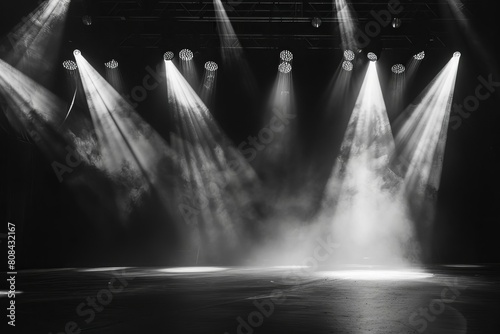 White spotlights on a dark stage, creating a focused and dramatic effect