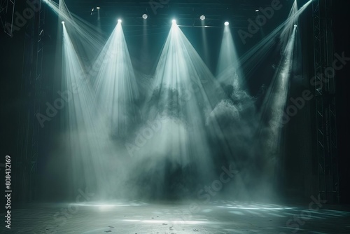 White spotlights on a dark stage, creating a focused and dramatic effect