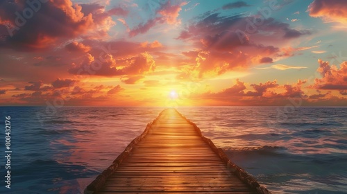 Wide wooden dock leading to a sunset, ideal for travel or inspirational quotes