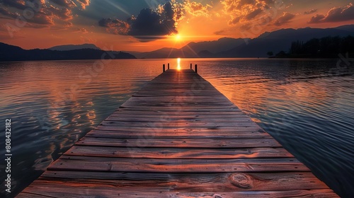 Wide wooden dock leading to a sunset, ideal for travel or inspirational quotes photo
