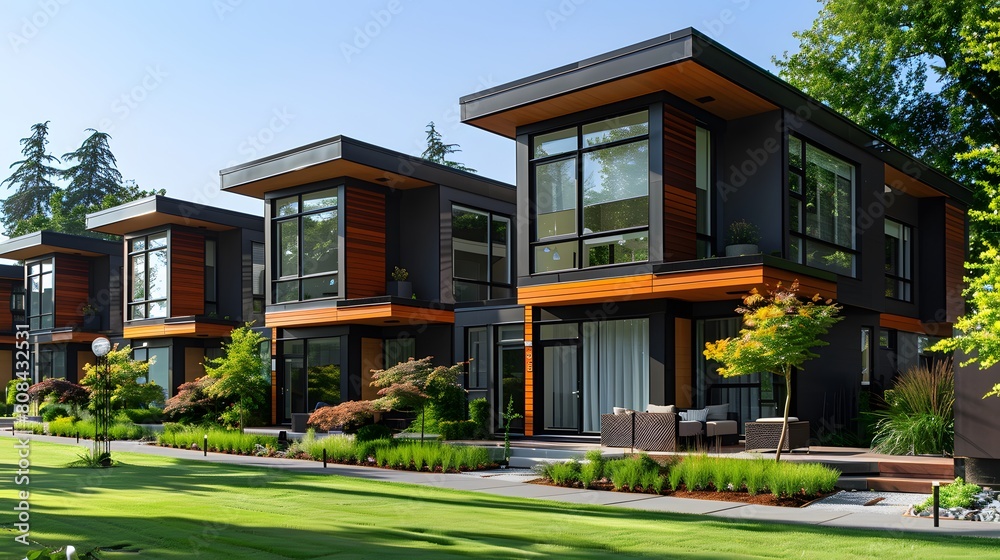A row of modern, black modular townhouses with clean lines, large windows, and wooden panel accents, all set against a lush green landscape.