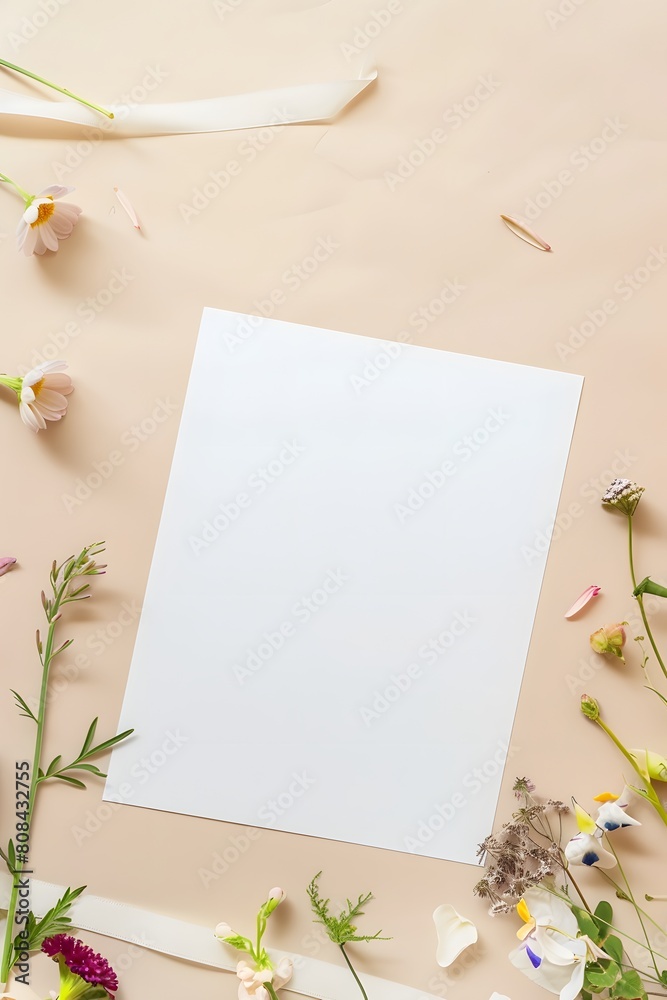 Charming greeting card invitation isolated empty space enhanced with ribbon and flower decoration