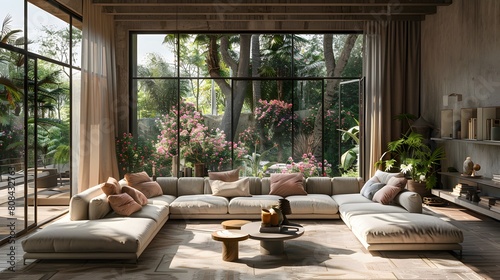 A sectional sofa set in an airy, high-ceilinged room with pastel furniture and large glass doors leading to a blooming garden.