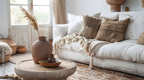 A serene Boho-inspired living room with a white sofa, earth-tone pillows, and a rustic round coffee table with a clay vase and a macram?(C) runner.