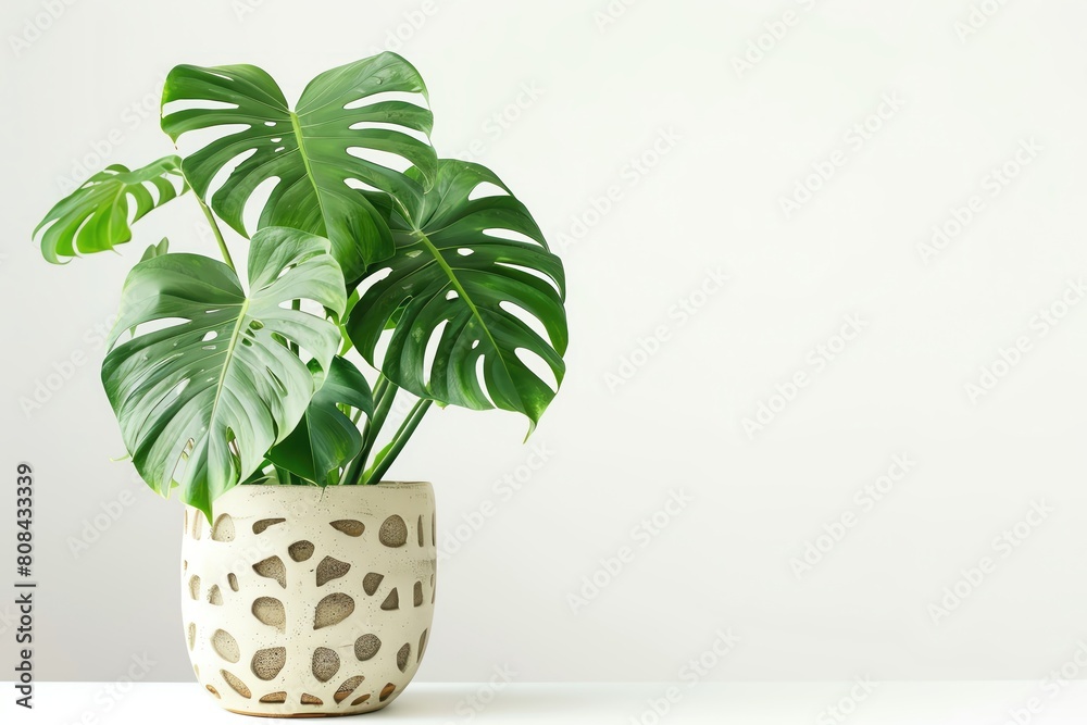 Obraz premium A Swiss cheese plant in a pot with artistic abstract patterns, its unique leaves displayed, isolated on a white background