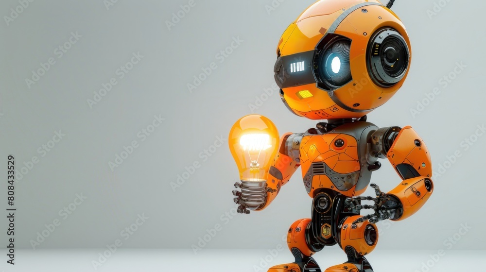 An adorable orange robot holding a lightbulb. An adorable orange robot holding a lightbulb.