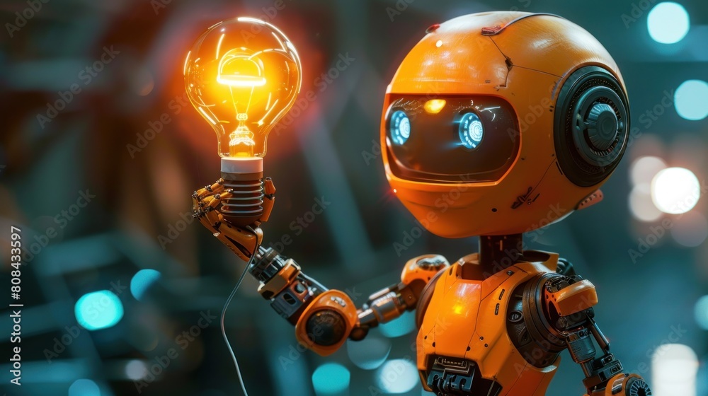 A charming robot, colored in orange, holding a lightbulb.