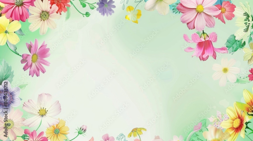 Refreshing Floral Computer Wallpaper with Varied Edges and Central Blank Space, Simple Layout in Vibrant Fresh Colors, HD Quality Refreshing Floral Computer Wallpaper with Varied Edges and Central Blank Space, Simple Layout in Vibrant Fresh Colors, HD Quality