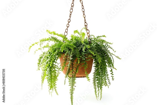 An asparagus fern in a hanging pot, its feathery foliage draping down, isolated on a white background photo