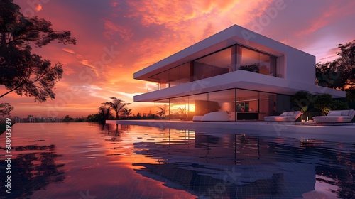A sleek cubic glass villa with clean lines and an infinity swimming pool reflecting the vibrant orange and pink sunset in the background.