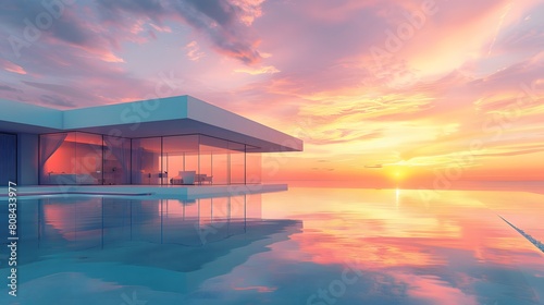 A sleek cubic glass villa with clean lines and an infinity swimming pool reflecting the vibrant orange and pink sunset in the background.