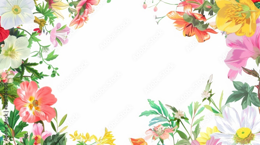 Refreshing Floral Computer Wallpaper with Varied Edges and Central Blank Space, Simple Layout in Vibrant Fresh Colors, HD Quality Refreshing Floral Computer Wallpaper with Varied Edges and Central Blank Space, Simple Layout in Vibrant Fresh Colors, HD Quality