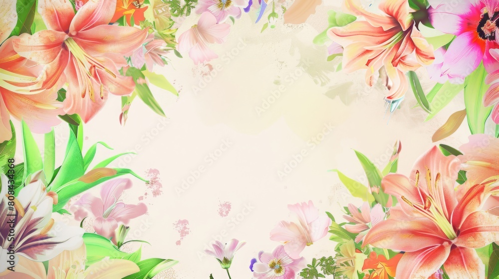 Refreshing Floral Computer Wallpaper with Varied Edges and Central Blank Space, Simple Layout in Vibrant Fresh Colors, HD Quality