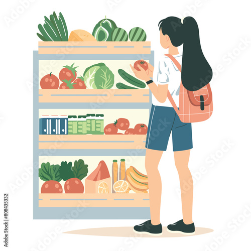 Young Asian woman shopping fresh produce grocery store. Female customer selecting tomato shelf full vegetables fruits. Girl wearing casual clothes examining food quality during groceries shopping