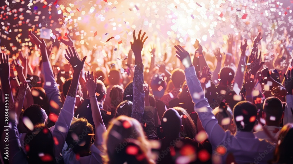 jubilant crowd of employees from a diverse range of backgrounds celebrating a company's milestone achievement at a grand gala event, capturing the pinnacle of organizational success.