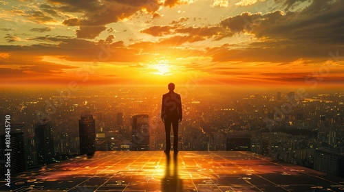  lone businessman stands silhouetted against the breathtaking sunset, his figure dwarfed by the vast expanse of the city planning map spread out before him. © Jeerawut
