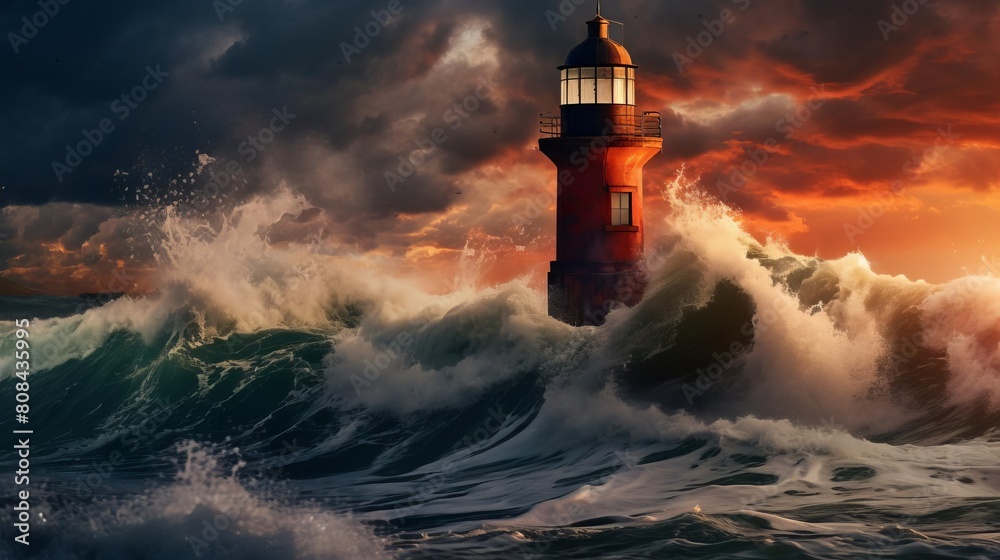 A lighthouse enduring powerful ocean waves, representing steadfastness and unwavering guidance through lifes storms