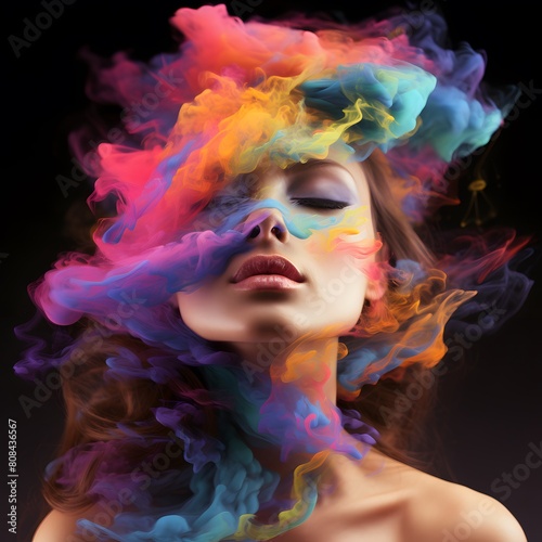 Beautiful woman with colorful smoke swirling around her head. Generative AI.