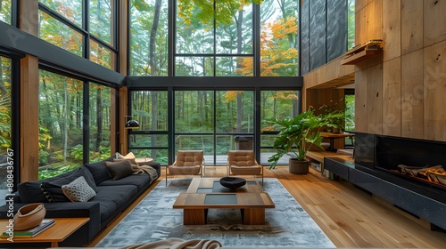 A spacious mid-century loft living room with a wall of windows overlooking a lush forest  featuring minimalist wooden furniture and a cozy fireplace.