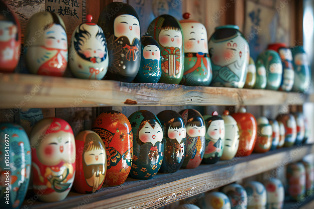 Shelf Display of Colorful Japanese Wooden Kokeshi Dolls in Various Sizes